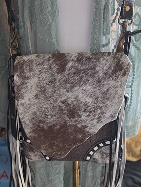 Myra Bag Brown and White Cowhide Crossbody with Fringe